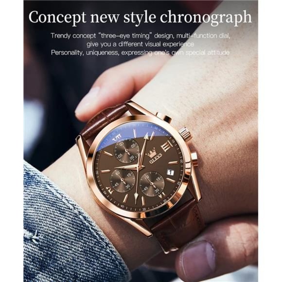 Men's Chronograph Quartz Watches, Leather Strap Gold Case Waterproof - Picture 3 of 6